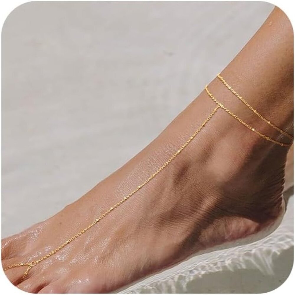 2 Layered Anklet A-GD Beaded Cuban Link Waterproof Adjustable  Anklet for Women